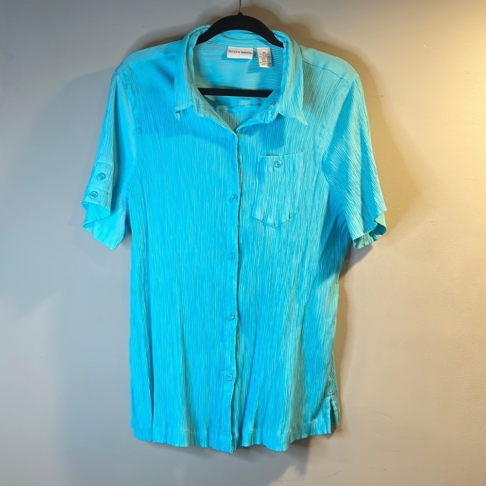 Aqua blue textured shirt sleeve button down shirt